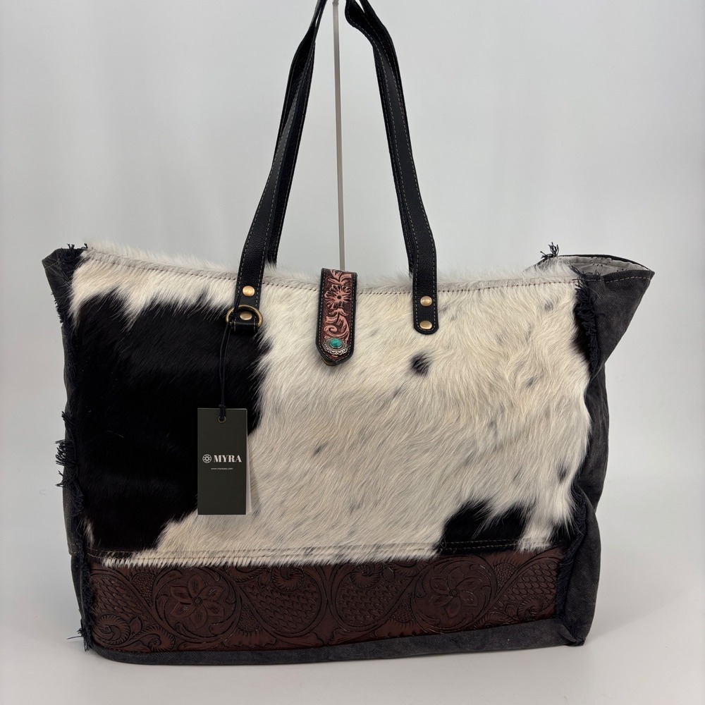 Myra Handbags Comely Hand-Tooled Bag Women Large Black Cowhide Floral S-5281